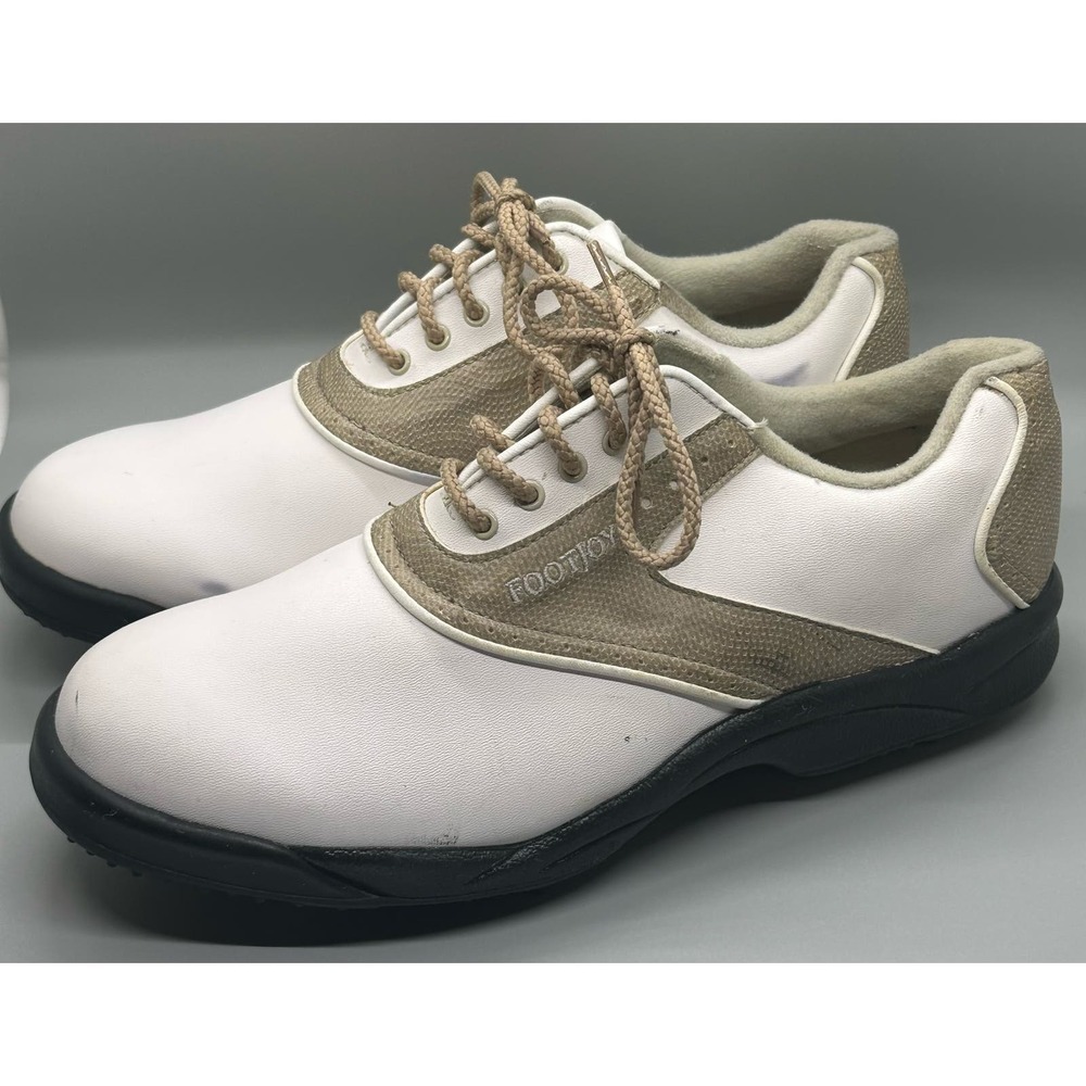 FootJoy Greenjoys Women’s Sz 8.5 M Golf Shoes Soft Spikes White Tan 48401